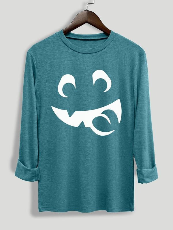 Cartoon Face Print Long Sleeve Casual Round Neck Daily All Seasons T-Shirts, Hoodie, Sweatshirt - T-Shirt, Sweatshirt, Hoodie