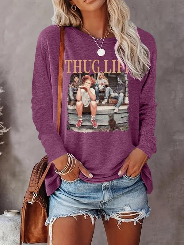Cartoon Figure & Letter Print Round Neck Casual Crew Neck Long Sleeve Daily Outdoor Fall & Winter T-Shirts, Hoodie, Sweatshirt - T-Shirt, Sweatshirt, Hoodie