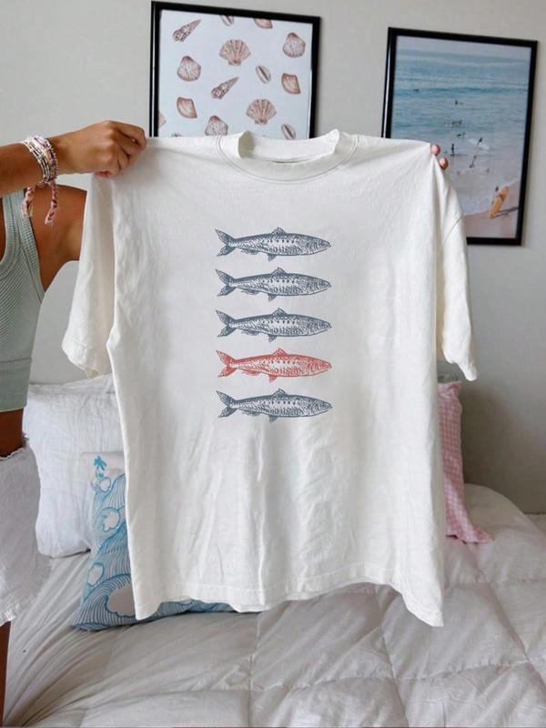 Cartoon Fish Print Round Neck Casual Short Sleeve Summer Clothes Daily T-Shirts, Hoodie, Sweatshirt - T-Shirt, Sweatshirt, Hoodie