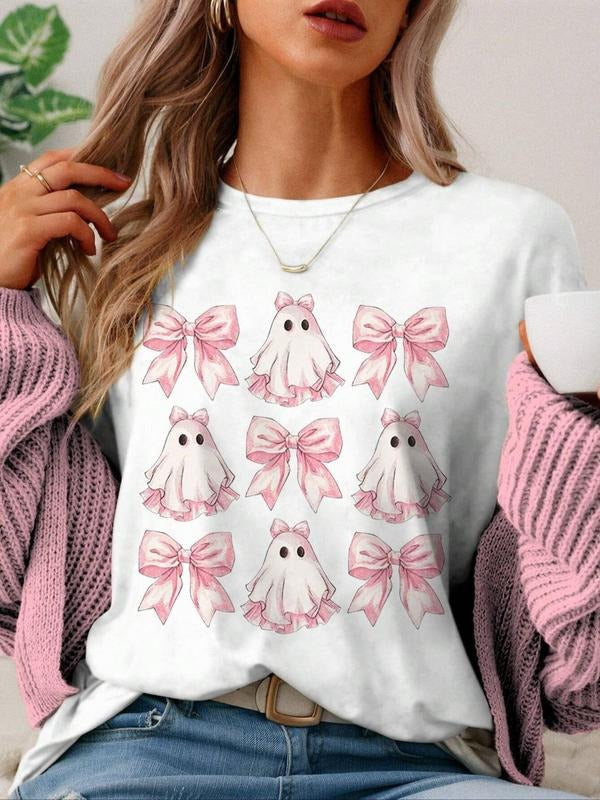 Cartoon Ghost & Bow Print Round Neck Casual Drop Shoulder Short Sleeve Summer Clothes Daily T-Shirts, Hoodie, Sweatshirt - T-Shirt, Sweatshirt, Hoodie