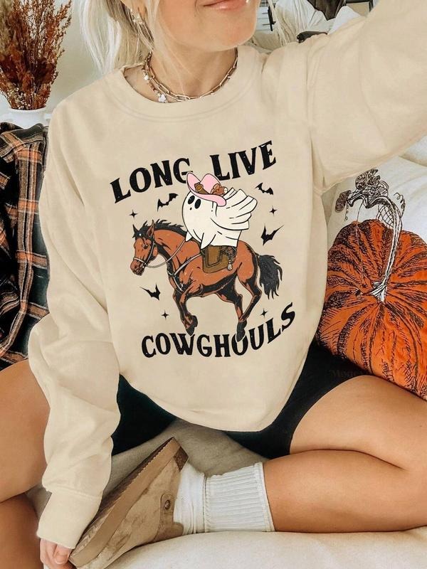 Cartoon Ghost & Horse & Letter Print Drop Shoulder Casual Long Sleeve Round Neck Daily Clothes All Seasons T-Shirts, Hoodie, Sweatshirt - T-Shirt, Sweatshirt, Hoodie