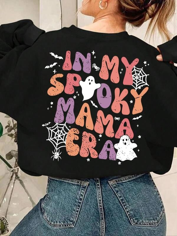 Cartoon Ghost & Letter Print Crew Neck Casual Long Sleeve Fall & Winter Clothes Daily T-Shirts, Hoodie, Sweatshirt - T-Shirt, Sweatshirt, Hoodie