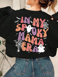 Cartoon Ghost & Letter Print Crew Neck Casual Long Sleeve Fall & Winter Clothes Daily T-Shirts, Hoodie, Sweatshirt - T-Shirt, Sweatshirt, Hoodie