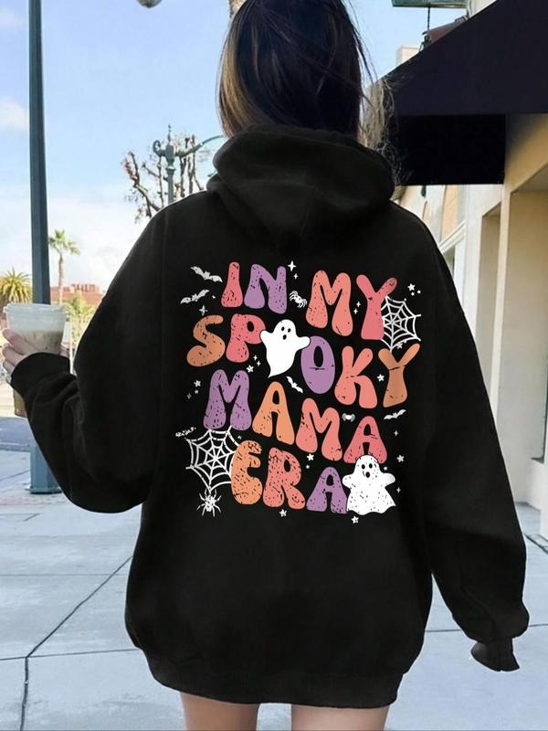 Cartoon Ghost & Letter Print Drawstring Pocket Casual Long Sleeve Hooded Fall & Winter Clothes Daily T-Shirts, Hoodie, Sweatshirt - T-Shirt, Sweatshirt, Hoodie