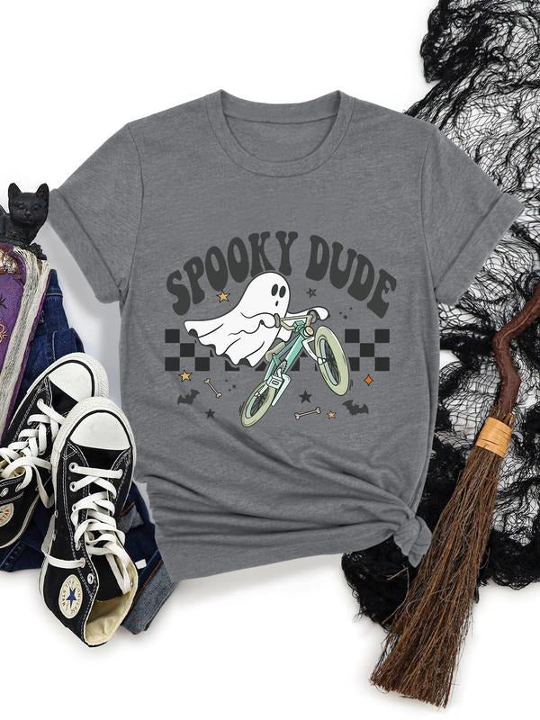 Cartoon Ghost & Letter Print Round Neck Casual Halloween Short Sleeve Daily Vacation Outdoor Clothes All Seasons T-Shirts, Hoodie, Sweatshirt - T-Shirt, Sweatshirt, Hoodie