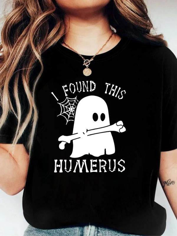 Cartoon Ghost & Letter Print Round Neck Casual Short Sleeve Halloween Daily Vacation Outdoor Clothes Summer T-Shirts, Hoodie, Sweatshirt - T-Shirt, Sweatshirt, Hoodie