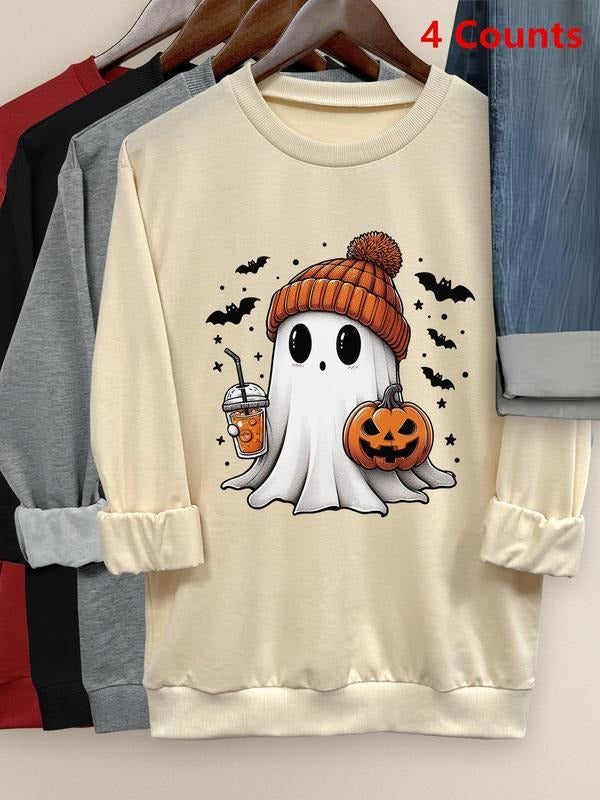 Cartoon Ghost & Pumpkin Print Casual Long Sleeve Round Neck Halloween Fall & Winter Clothes Daily T-Shirts, Hoodie, Sweatshirt - T-Shirt, Sweatshirt, Hoodie