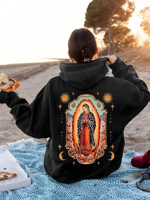 Cartoon Print Drawstring Pocket Casual Drop Shoulder Long Sleeve Hooded Spring Fall Winter Clothes Daily T-Shirts, Hoodie, Sweatshirt - T-Shirt, Sweatshirt, Hoodie