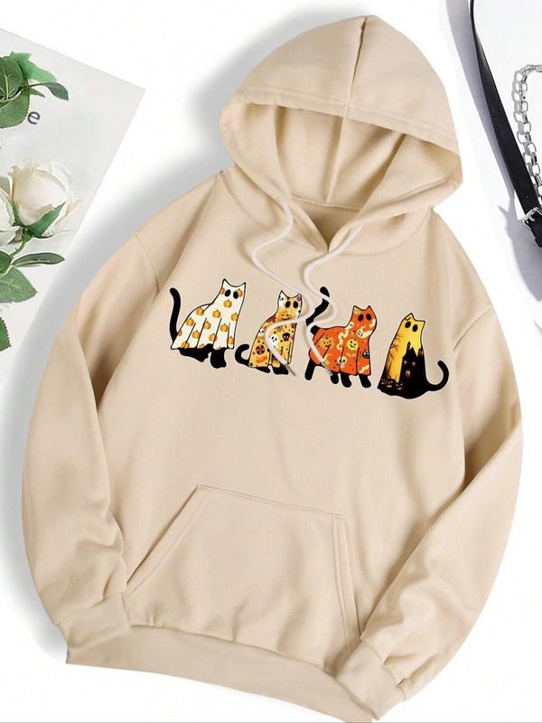 Cartoon Print Pocket Drawstring Casual Drop Shoulder Long Sleeve Hooded Daily Outdoor Cute Top Fall & Winter Clothes T-Shirts, Hoodie, Sweatshirt - T-Shirt, Sweatshirt, Hoodie