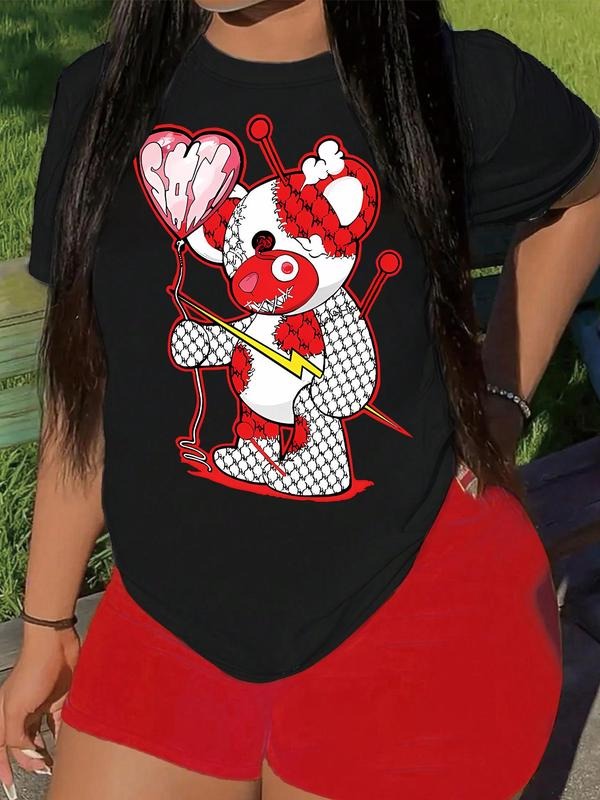 Cartoon Print Round Neck Casual Short Sleeve Summer Top Daily T-Shirts, Hoodie, Sweatshirt - T-Shirt, Sweatshirt, Hoodie