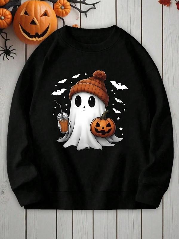 Cartoon Halloween Ghost & Pumpkin Print Round Neck Cute Casual Long Sleeve Daily Clothes All Seasons T-Shirts, Hoodie, Sweatshirt - T-Shirt, Sweatshirt, Hoodie