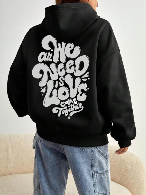 Cartoon Letter Print Pocket Drawstring Casual Drop Shoulder Long Sleeve Hooded Daily Outdoor Fall & Winter Clothes T-Shirts, Hoodie, Sweatshirt - T-Shirt, Sweatshirt, Hoodie