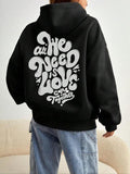 Cartoon Letter Print Pocket Drawstring Casual Drop Shoulder Long Sleeve Hooded Daily Outdoor Fall & Winter Clothes T-Shirts, Hoodie, Sweatshirt - T-Shirt, Sweatshirt, Hoodie