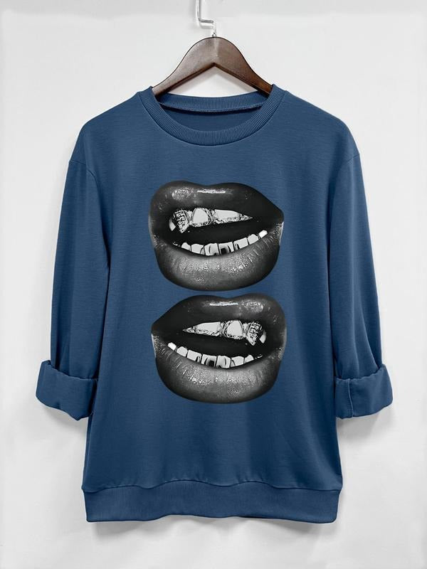 Cartoon Lips Print Round Neck Casual Long Sleeve Fall & Winter Clothes Daily T-Shirts, Hoodie, Sweatshirt - T-Shirt, Sweatshirt, Hoodie