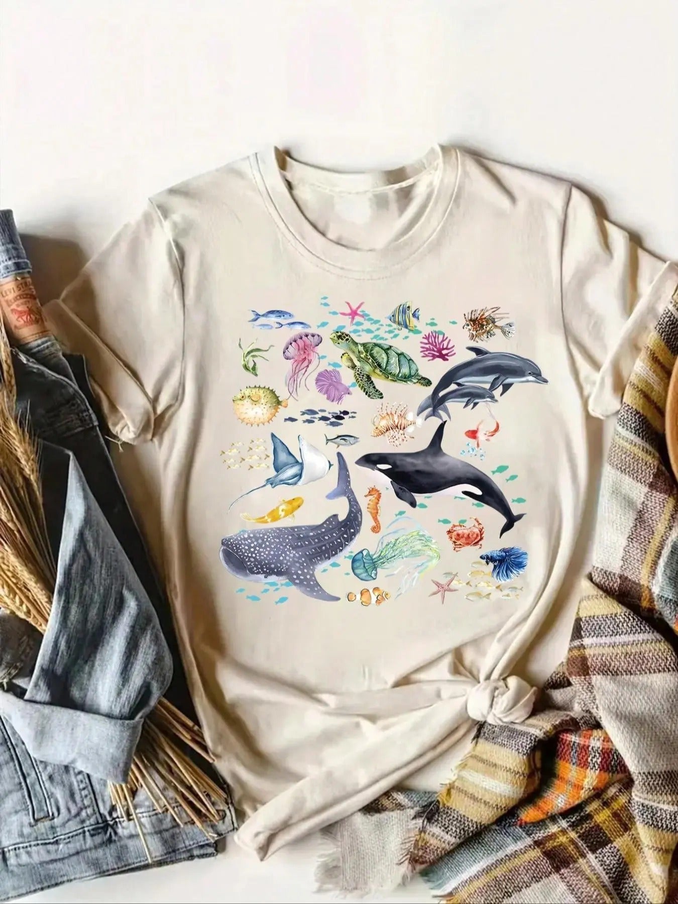 Cartoon Marine Life Print Round Neck Casual Short Sleeve Summer Clothes Daily T-Shirts, Hoodie, Sweatshirt - T-Shirt, Sweatshirt, Hoodie
