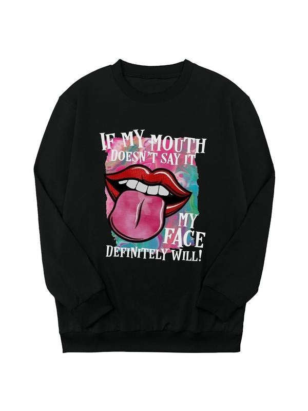 Cartoon Mouth & Letter Print Drop Shoulder Casual Long Sleeve Round Neck Daily All Seasons T-Shirts, Hoodie, Sweatshirt - T-Shirt, Sweatshirt, Hoodie
