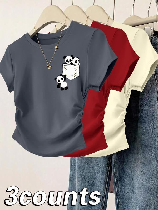 Cartoon Panda Print Round Neck Casual Short Sleeve Daily Clothes All Seasons Top T-Shirts, Hoodie, Sweatshirt - T-Shirt, Sweatshirt, Hoodie