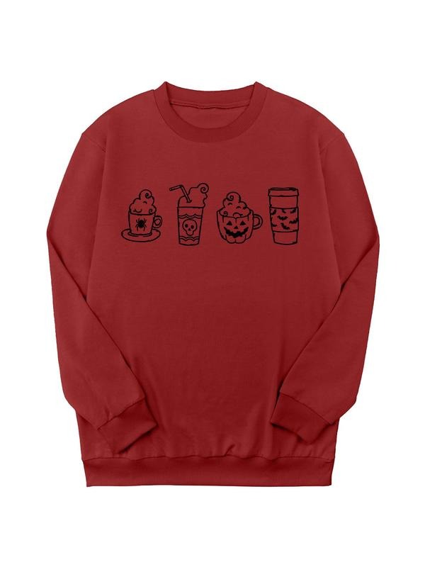 Cartoon Print Crew Neck Casual Halloween Themed Long Sleeve Daily Fall & Winter T-Shirts, Hoodie, Sweatshirt - T-Shirt, Sweatshirt, Hoodie