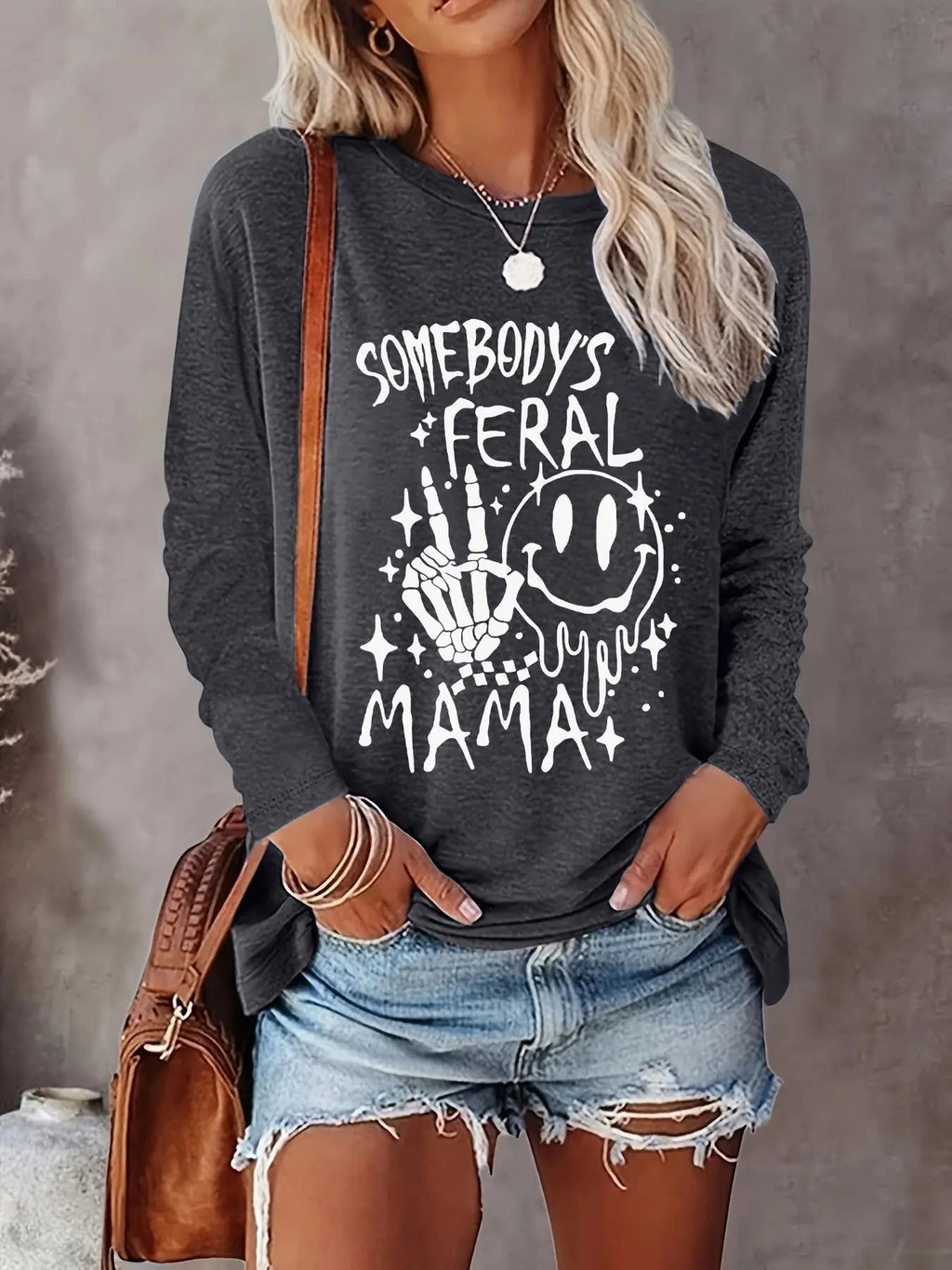 Cartoon Print Drop Shoulder Casual Letter Print Long Sleeve Round Neck Spring & Fall Top Daily T-Shirts, Hoodie, Sweatshirt - T-Shirt, Sweatshirt, Hoodie