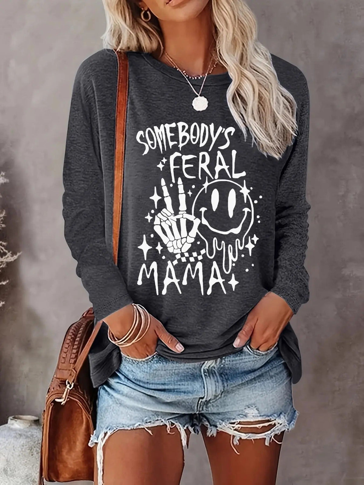 Cartoon Print Drop Shoulder Casual Letter Print Long Sleeve Round Neck Spring & Fall Top Daily T-Shirts, Hoodie, Sweatshirt - T-Shirt, Sweatshirt, Hoodie