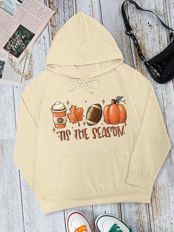 Cartoon Print Drop Shoulder Casual Halloween Drawstring Pocket Hooded Daily Outdoor Fall & Winter T-Shirts, Hoodie, Sweatshirt - T-Shirt, Sweatshirt, Hoodie
