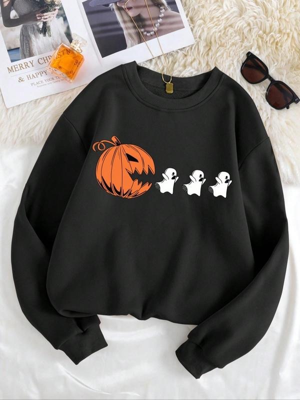 Cartoon Print Drop Shoulder Casual Crew Neck Daily Female Matching Pumpkin & Ghost Print Top T-Shirts, Hoodie, Sweatshirt - T-Shirt, Sweatshirt, Hoodie
