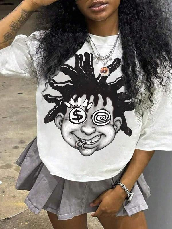 Cartoon Print Round Neck Casual Crew Neck Half Sleeve Daily Vacation Outdoor Clothes Summer T-Shirts, Hoodie, Sweatshirt - T-Shirt, Sweatshirt, Hoodie