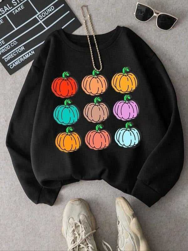Cartoon Pumpkin Print Round Neck Casual Long Sleeve Fall & Winter Clothes Daily T-Shirts, Hoodie, Sweatshirt - T-Shirt, Sweatshirt, Hoodie