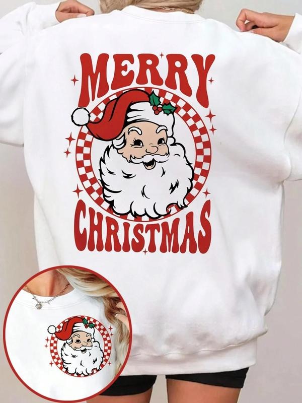 Cartoon Santa Claus Print Crew Neck 1 Count Casual Long Sleeve Daily Clothes Fall & Winter T-Shirts, Hoodie, Sweatshirt - T-Shirt, Sweatshirt, Hoodie