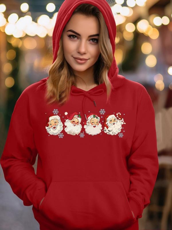 Cartoon Santa Claus Print Drawstring Pocket Casual Long Sleeve Hooded Fall & Winter Clothes Daily T-Shirts, Hoodie, Sweatshirt - T-Shirt, Sweatshirt, Hoodie
