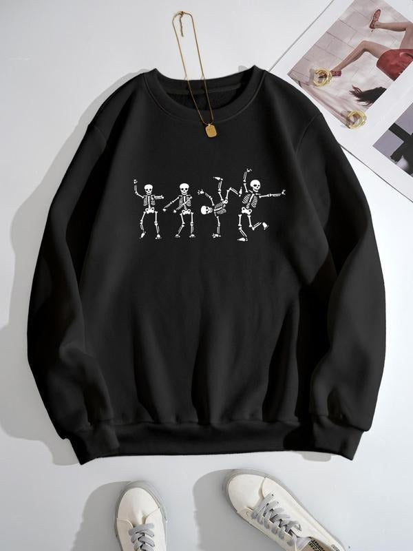 Cartoon Skeleton Print Round Neck Without Necklace Casual Crew Neck Fall & Winter Clothes Daily T-Shirts, Hoodie, Sweatshirt - T-Shirt, Sweatshirt, Hoodie
