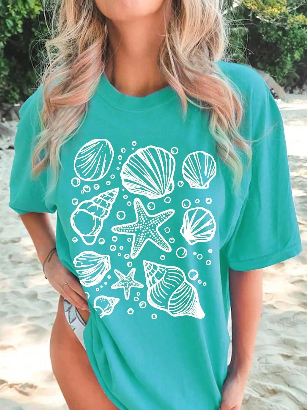Cartoon Starfish & Shell Print Round Neck Casual Short Sleeve Summer Clothes Beach Vacation T-Shirts, Hoodie, Sweatshirt - T-Shirt, Sweatshirt, Hoodie