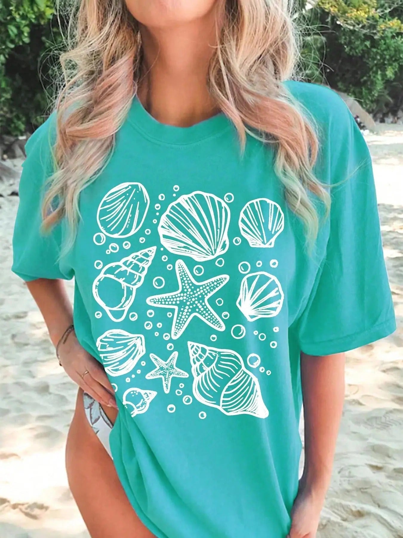 Cartoon Starfish & Shell Print Round Neck Casual Short Sleeve Summer Clothes Beach Vacation T-Shirts, Hoodie, Sweatshirt - T-Shirt, Sweatshirt, Hoodie
