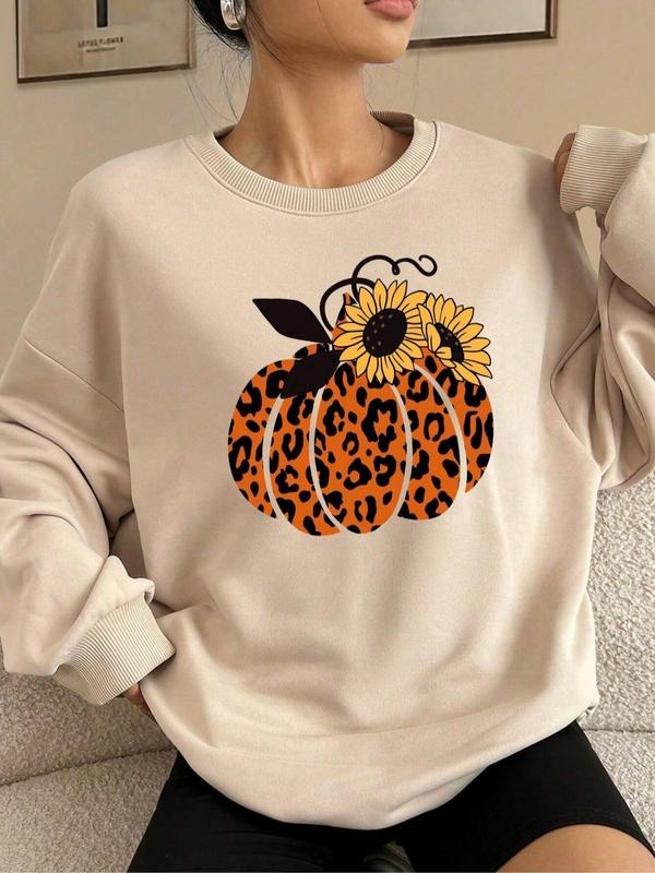 Cartoon Sunflower Print Crew Neck 1 Count Casual Long Sleeve Fall & Winter Clothes Daily T-Shirts, Hoodie, Sweatshirt - T-Shirt, Sweatshirt, Hoodie