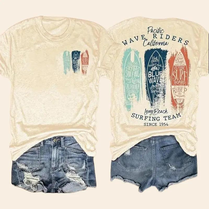 Casual Print Short Sleeve Crew Neck Surfing Team Soft Viscose Blend Summer & Spring White T-Shirts, Hoodie, Sweatshirt - T-Shirt, Sweatshirt, Hoodie