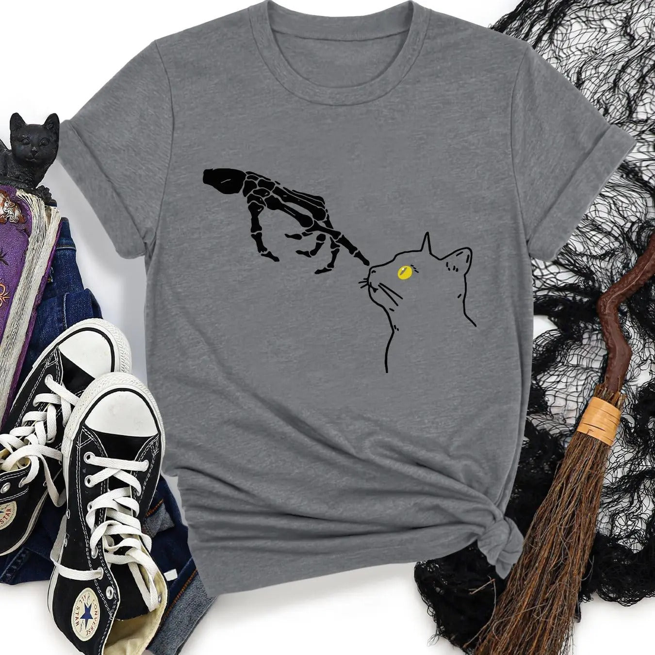 Cat & Skeleton Hand Print Round Neck Vintage Casual Short Sleeve Daily All Seasons T-Shirts, Hoodie, Sweatshirt - T-Shirt, Sweatshirt, Hoodie