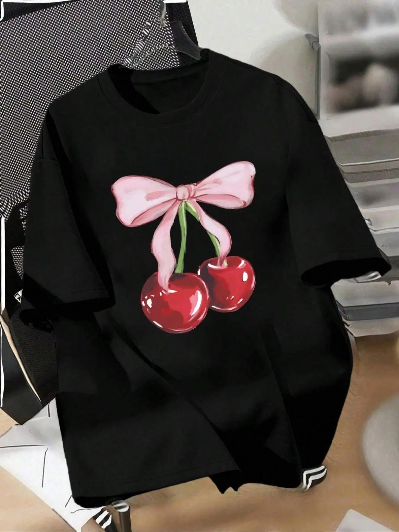 Cherry & Bow Print Round Neck Casual Drop Shoulder Short Sleeve Summer Clothes Daily T-Shirts, Hoodie, Sweatshirt - T-Shirt, Sweatshirt, Hoodie