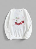 Cherry & Bowknot Print Drop Shoulder Casual Long Sleeve Round Neck Daily Clothes Fall & Winter T-Shirts, Hoodie, Sweatshirt - T-Shirt, Sweatshirt, Hoodie