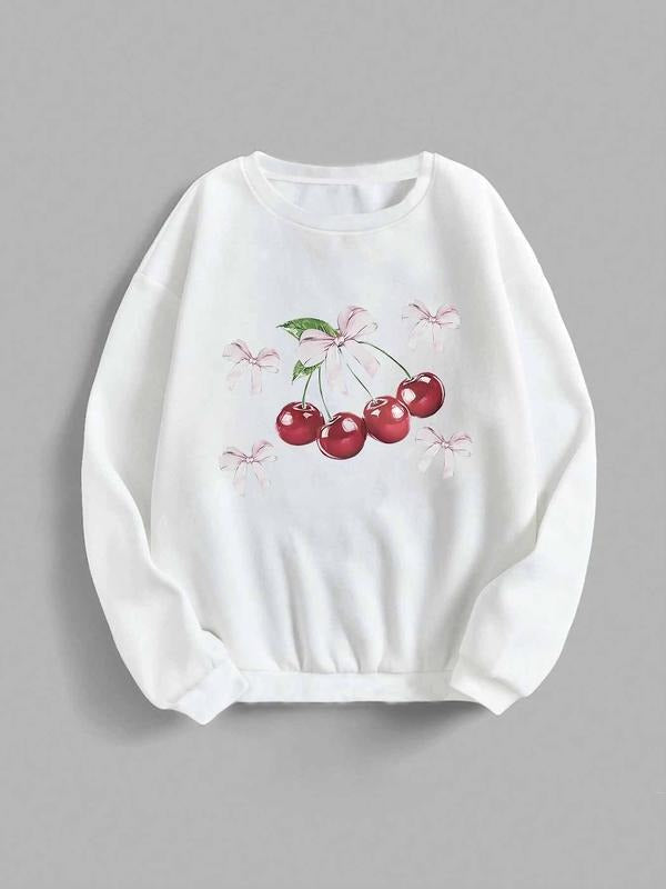 Cherry & Bowknot Print Drop Shoulder Casual Long Sleeve Round Neck Daily Clothes Fall & Winter T-Shirts, Hoodie, Sweatshirt - T-Shirt, Sweatshirt, Hoodie