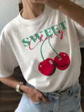 Cherry & Letter Print Drop Shoulder Casual Half Sleeve Round Neck Daily Clothes All Seasonsstyle{N002}2 T-Shirts, Hoodie, Sweatshirt - T-Shirt, Sweatshirt, Hoodie