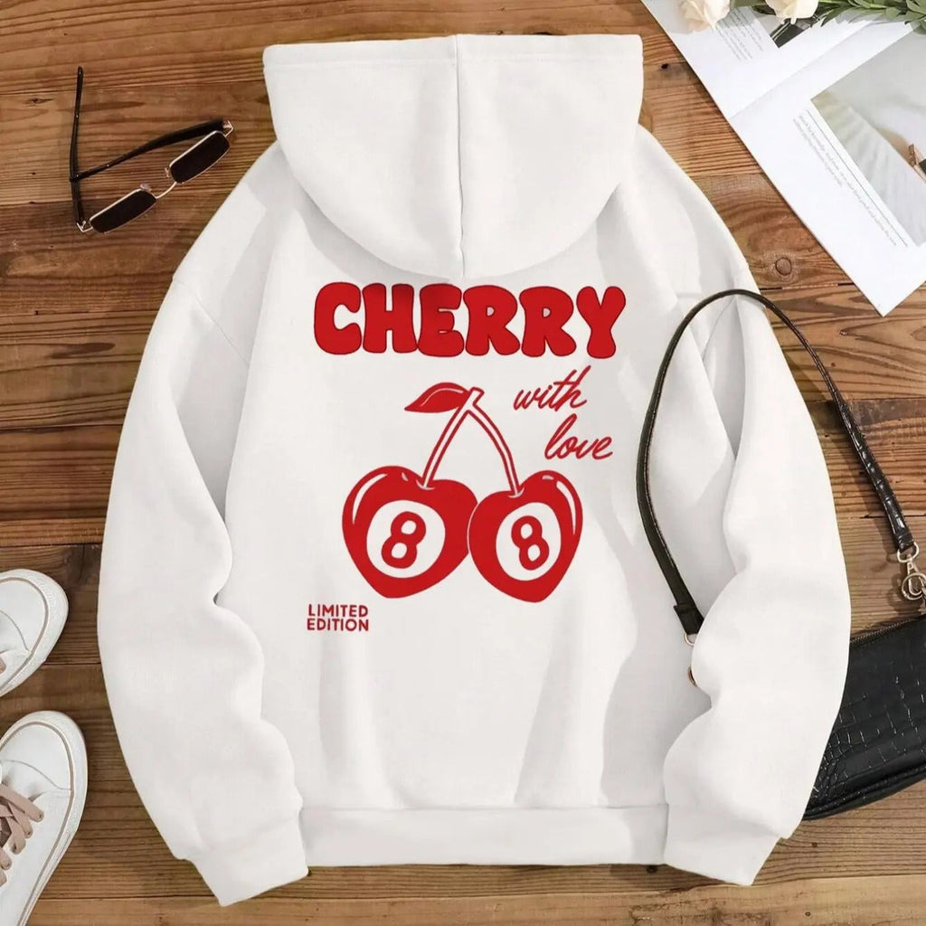 Cherry & Letter Print Drop Shoulder Thermal Lined Casual Drawstring Pocket Hooded Daily Outdoor Fall & Winter T-Shirts, Hoodie, Sweatshirt - T-Shirt, Sweatshirt, Hoodie