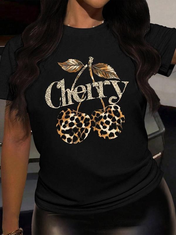 Cherry & Letter Print Round Neck Casual Short Sleeve Crew Neck Summer Top Daily T-Shirts, Hoodie, Sweatshirt - T-Shirt, Sweatshirt, Hoodie