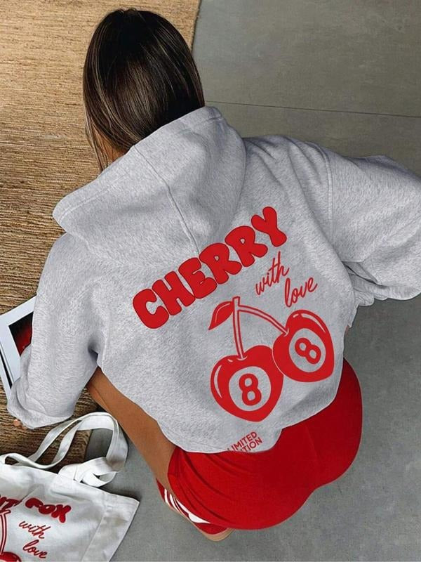 Cherry & Number Print Drop Shoulder Casual Drawstring Pocket Hooded Daily Outdoor Fall & Winter T-Shirts, Hoodie, Sweatshirt - T-Shirt, Sweatshirt, Hoodie