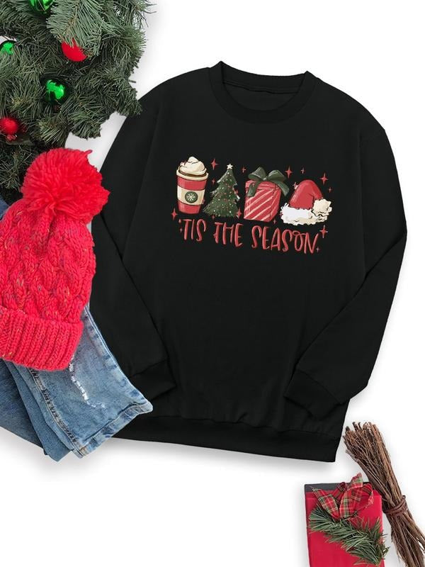 Cartoon & Letter Print Crew Neck Casual Long Sleeve Fall & Winter Clothes Daily T-Shirts, Hoodie, Sweatshirt - T-Shirt, Sweatshirt, Hoodie