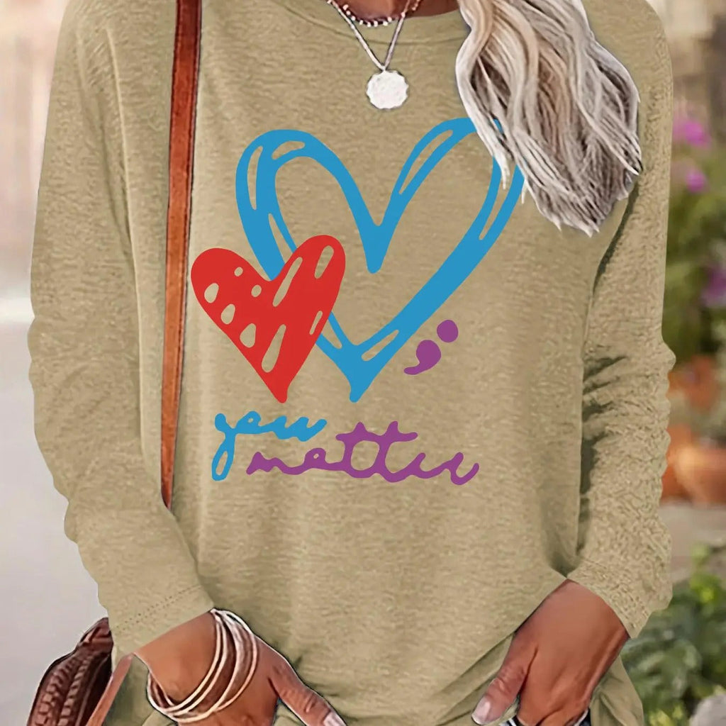 Heart & Letter Print Drop Shoulder Casual Long Sleeve Round Neck Top Daily Fall & Winter Clothes T-Shirts, Hoodie, Sweatshirt - T-Shirt, Sweatshirt, Hoodie