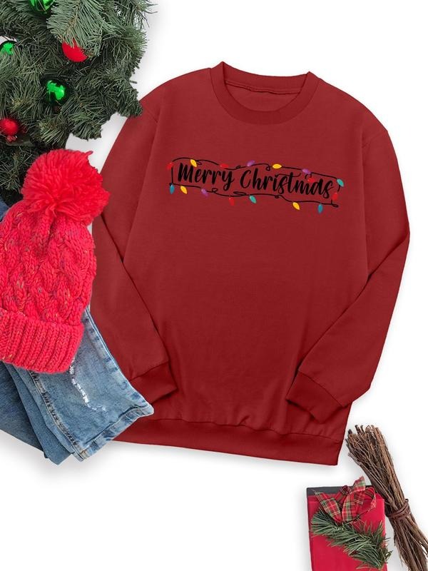 Letter Print Round Neck Casual Long Sleeve Crew Neck Fall & Winter Clothes Daily T-Shirts, Hoodie, Sweatshirt - T-Shirt, Sweatshirt, Hoodie