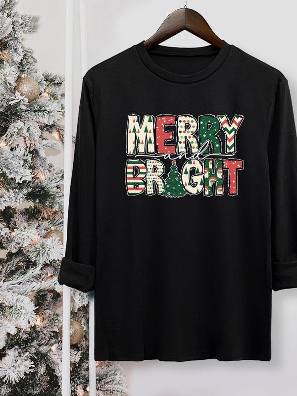 Letter Print Round Neck Casual Long Sleeve Crew Neck Fall & Winter Top Daily T-Shirts, Hoodie, Sweatshirt - T-Shirt, Sweatshirt, Hoodie