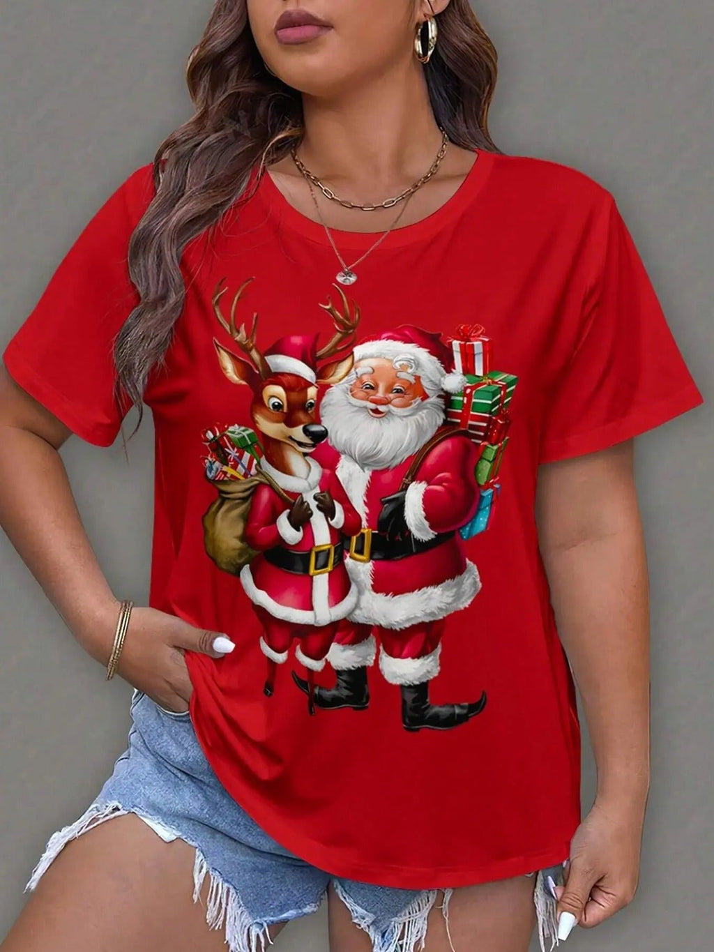 Reindeer & Santa Claus Print Round Neck Casual Short Sleeve Crew Neck Daily Clothes All Seasons T-Shirts, Hoodie, Sweatshirt - T-Shirt, Sweatshirt, Hoodie