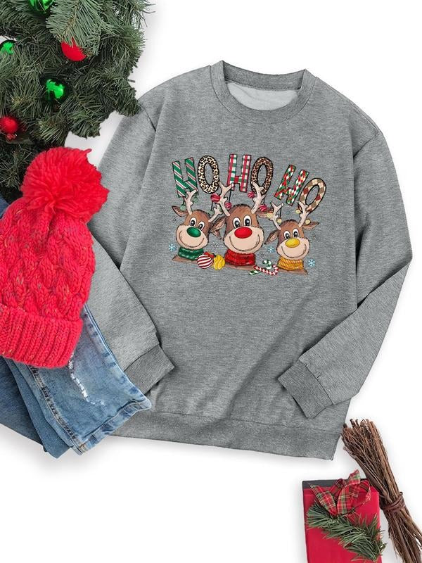 Reindeer Print Crew Neck Casual Long Sleeve Daily Fall & Winter Clothes T-Shirts, Hoodie, Sweatshirt - T-Shirt, Sweatshirt, Hoodie