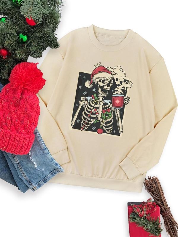Skeleton Print Drop Shoulder Casual Long Sleeve Round Neck Daily Fall & Winter Clothes T-Shirts, Hoodie, Sweatshirt - T-Shirt, Sweatshirt, Hoodie